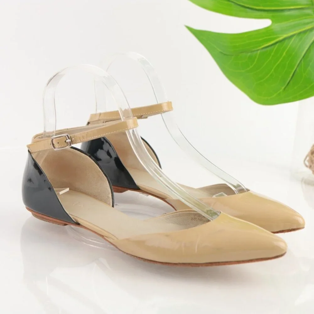Boden Womens Flat Size 6 Nude Tan Patent Black Pointed Ankle Strap Shoe Pointed - Picture 1 of 12